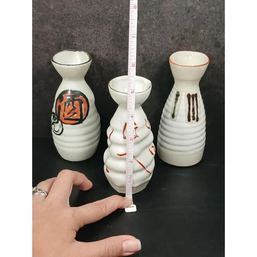 Vintage Japanese Porcelain Sake Bottle Set Calligraphy Ribbed Design